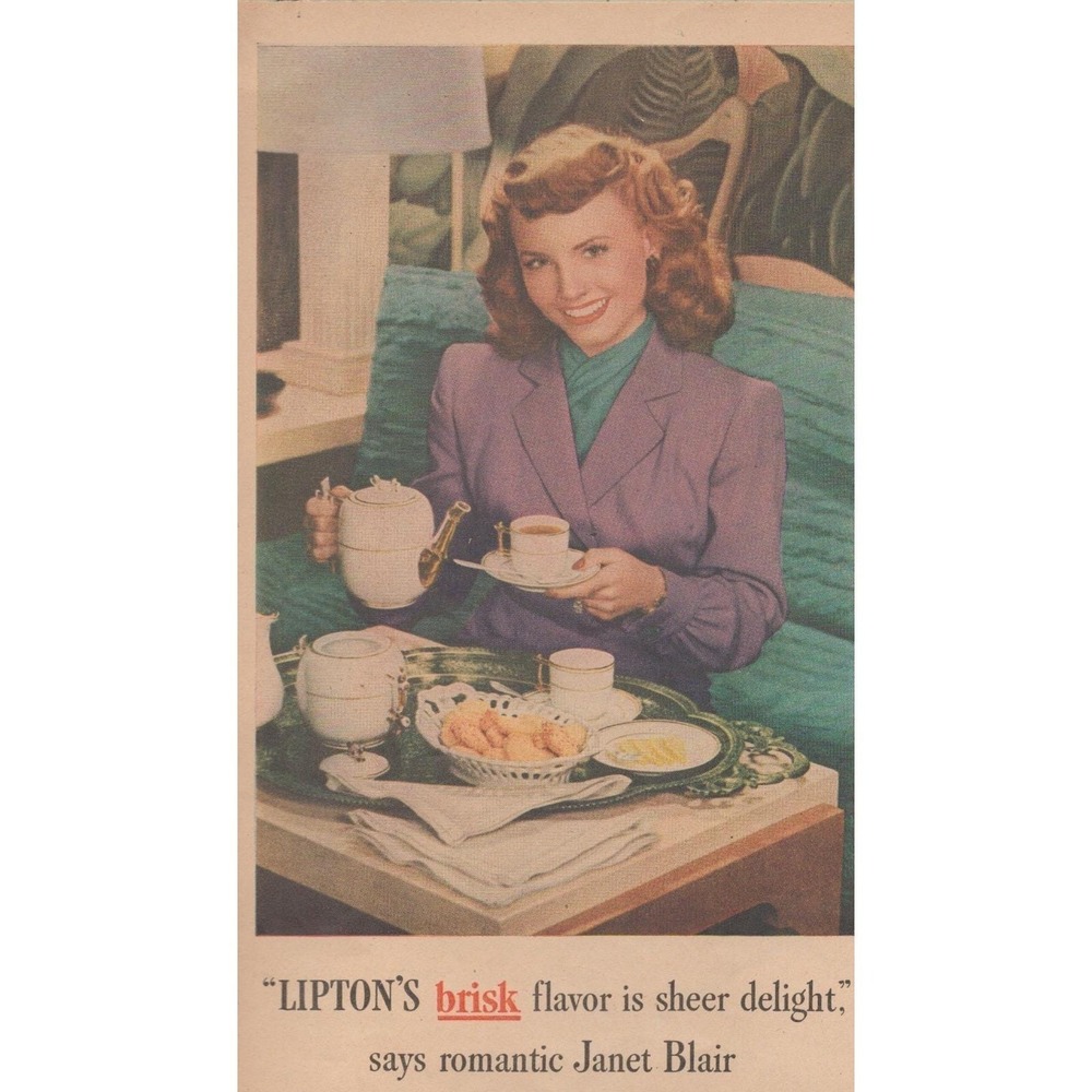 Vintage 1945 Lipton Tea Janet Blair Print Ad World War 2 Era Advertising